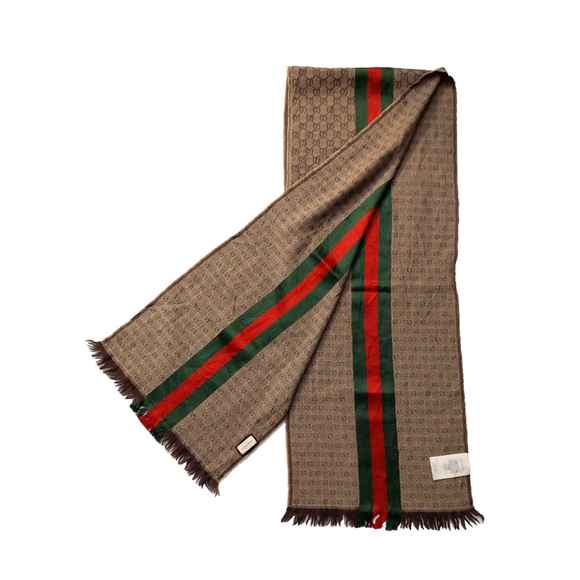 Gucci Brown & Beige GG Logo Print w/ Green Red Stripe Wool Silk Scarf Pre-owned - Picture 6 of 16
